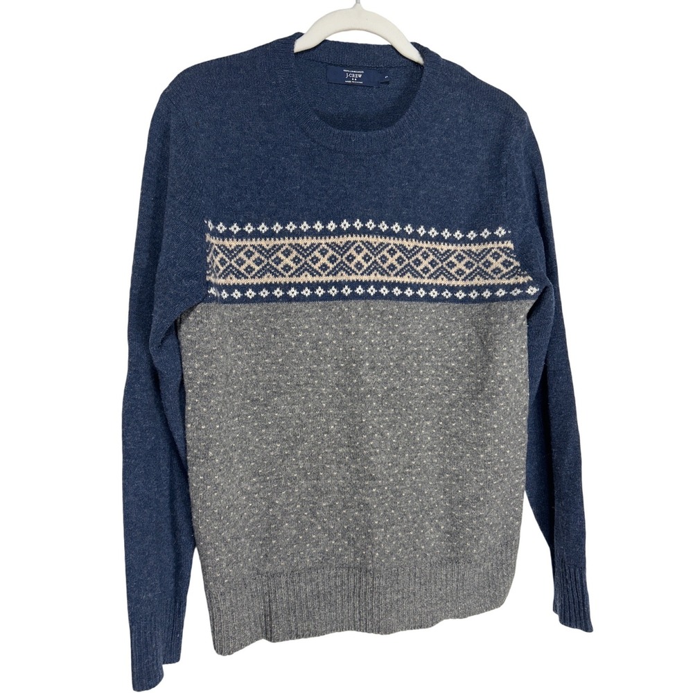 J.Crew Mens Lambswool Fair Isle Crewneck Sweater Blue Grey Small